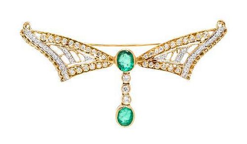 An 18 Karat Yellow Gold, Diamond and Emerald Bow Brooch,