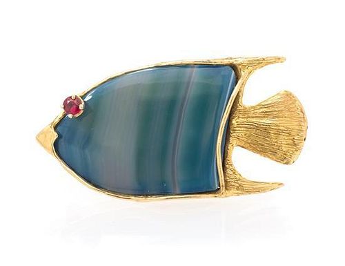 * A Yellow Gold, Agate and Ruby Fish Pendant/Brooch, 15.00 dwts.