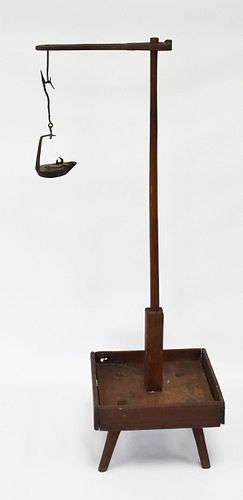 1700's Hand Wrought Betty Lamp with Wooden Stand