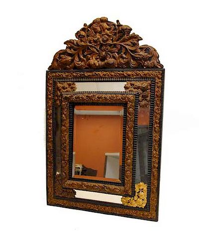 Antique Embossed Brass and Wood Mirror