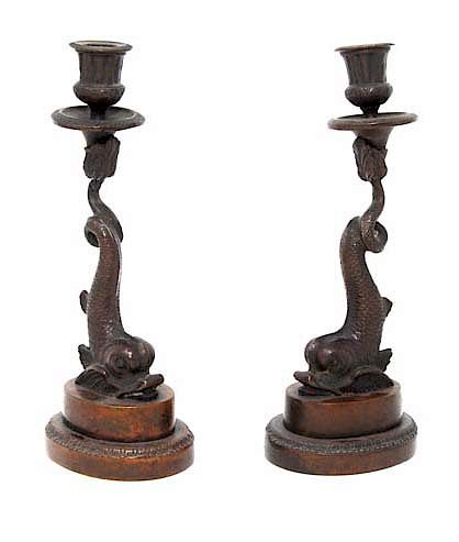 Early Bronze Dolphin Candlesticks