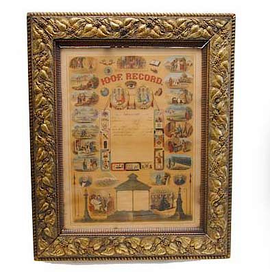 1885 IOOF Membership Record in Carved Gold Gilded Frame
