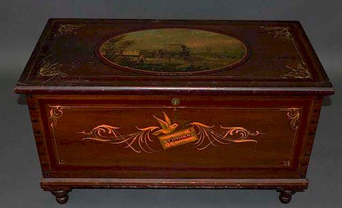 1907 Paint Decorated Dovetailed Blanket Chest with Locomotive