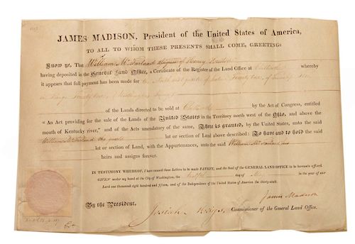 1815 James Madison Land Grant Josiah Meigs Commissioner