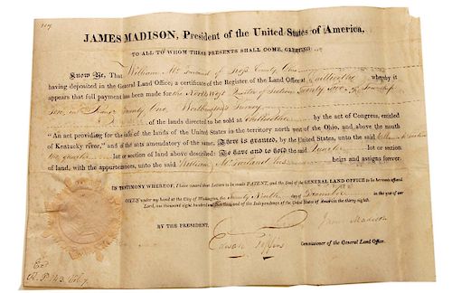 1813 James Madison Land Grant Edward Tiffin Thomas