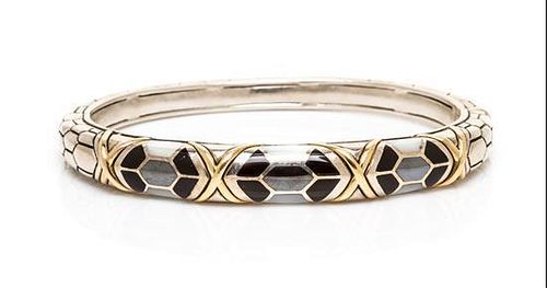 A Sterling Silver, 18 Karat Yellow Gold, Onyx, Mother-of-Pearl and Hematite Bangle Bracelet, Asch Grossbardt, 22.60 dwts.