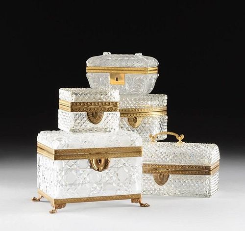 A GROUP OF FIVE FRENCH GILT METAL MOUNTED CUT CRYSTAL AND MOLDED GLASS BOXES, 20TH CENTURY,