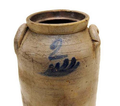 Early 2 Gallon Blue Decorated Stoneware Crock