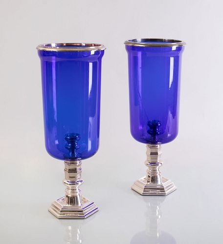 PAIR OF RALPH LAUREN SILVER PLATE AND COBALT BLUE GLASS PHOTOPHORES