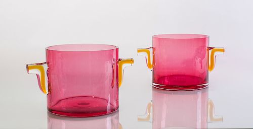 PAIR OF CRANBERRY AND AMBER GLASS ICE BUCKETS