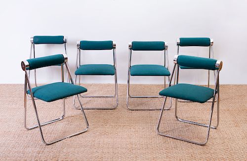 SET OF SIX CHROME AND WOOL-UPHOLSTERED FOLDING CHAIRS