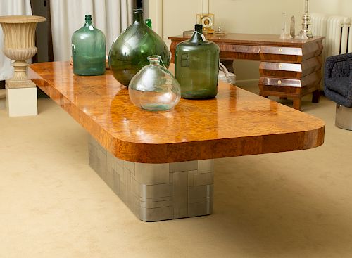 PAUL EVANS BRUSHED STEEL AND BURL THUYA WOOD EXTENSION DINING TABLE
