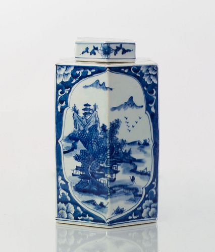 CHINESE BLUE AND WHITE PORCELAIN FACETED JAR AND COVER