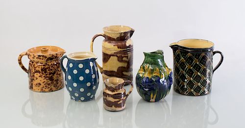 GROUP OF SIX FRENCH, ENGLISH AND CONTINENTAL GLAZED PITCHERS
