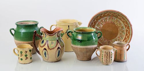 GROUP OF EIGHT FRENCH GLAZED POTTERY ARTICLES