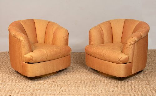 PAIR OF SILK-UPHOLSTERED SWIVEL ARMCHAIRS