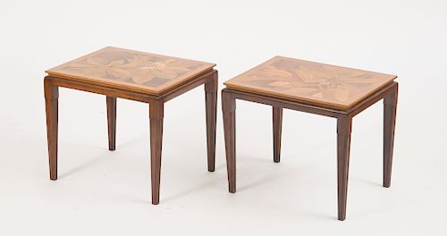 PAIR OF FRENCH MAHOGANY AND FRUITWOOD MARQUETRY SIDE TABLES