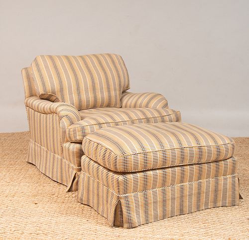 PAIR OF UPHOLSTERED CLUB CHAIRS WITH MATCHING OTTOMANS