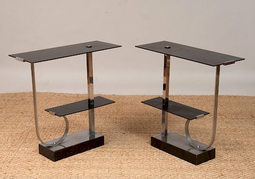 PAIR OF PAUL FRANKL CHROME, BAKELITE AND LACQUERED WOOD TWO-TIER SIDE TABLES BY SKYSCRAPER FURNITURE