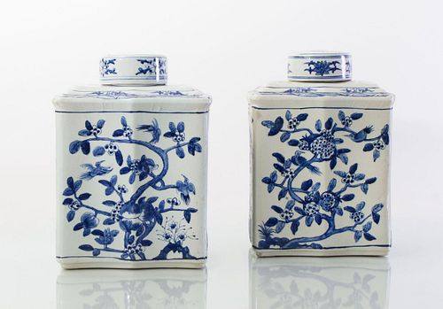 PAIR OF LARGE CHINESE BLUE AND WHITE PORCELAIN TEA CADDIES AND COVERS