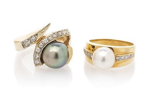 A Collection of Yellow Gold, Cultured Pearl and Diamond Rings, 16.50 dwts.