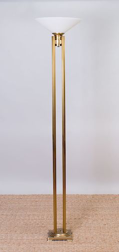 PAIR OF CRESCENT BRASS AND GLASS FLOOR LAMPS