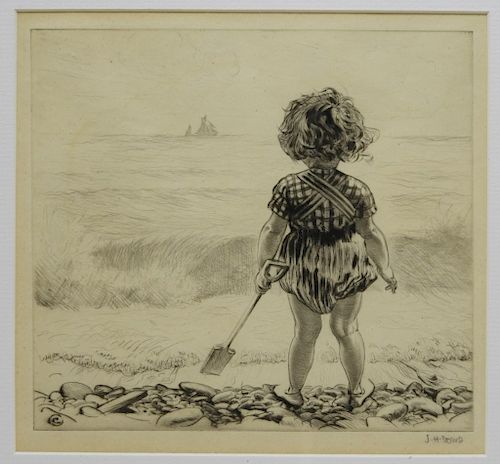 James Henry Dowd Children On Beach Etching