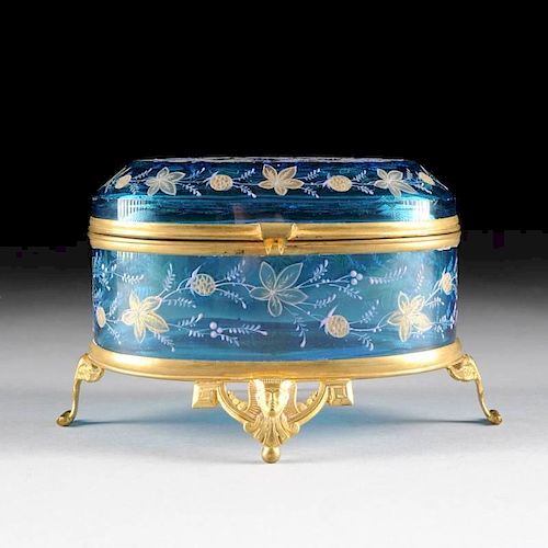 A FRENCH LIGHT BLUE PERFUME CASKET WITH SILVERED, GILT AND LILAC ENAMEL FOLIATE DECORATION, CIRCA 1880,