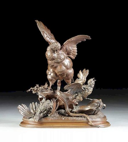 from a model by FERDINAND PAUTROT (FRENCH, 1832-1874), A FRENCH PATINATED BRONZE BIRD GROUP, "Partridges and Serpent,"