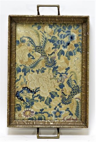 19C. Chinese Forbidden Stitch Silk Textile Tray