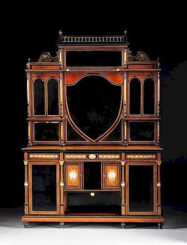 A VICTORIAN LOUIS XVI REVIVAL GILT BRONZE AND PORCELAIN MOUNTED BURL WALNUT AND EBONIZED WOOD SIDEBOARD CABINET, LOCKS STAMPED "S HALL & SONS, BIRMING