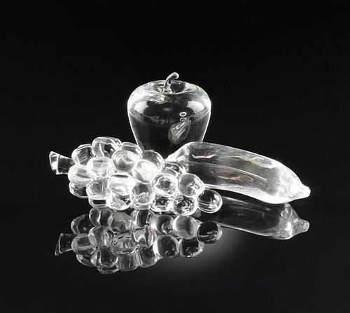 A GROUP OF THREE STEUBEN CRYSTAL FRUIT PAPERWEIGHTS, EACH SIGNED, LATE 20TH CENTURY,