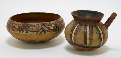 2 Pre Columbian Nazca Pottery Bowl Pouring Vessel