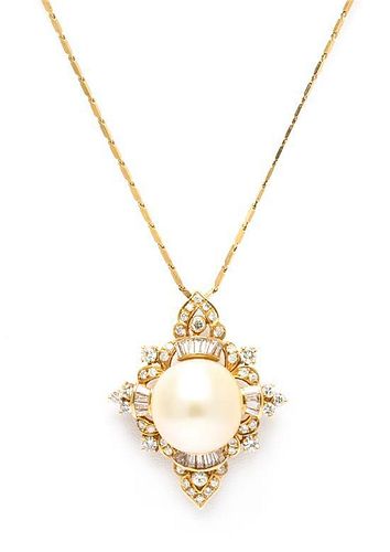 A 14 Karat Yellow Gold Chain with an 18 Karat Yellow Gold, Pearl and Diamond Pendant, 9.80 dwts.