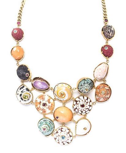 * A Gilt Sterling Silver, Sea Shell and Multi Gem Bib Necklace, 94.40 dwts.