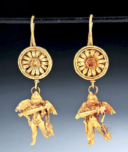 Ancient Greek 18K Gold Earrings w/ Erotes, ex-Christies