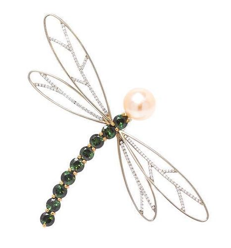 * An 18 Karat Gold, Tourmaline, Cultured Pearl and Diamond Dragonfly Brooch, Gregore, 7.50 dwts.
