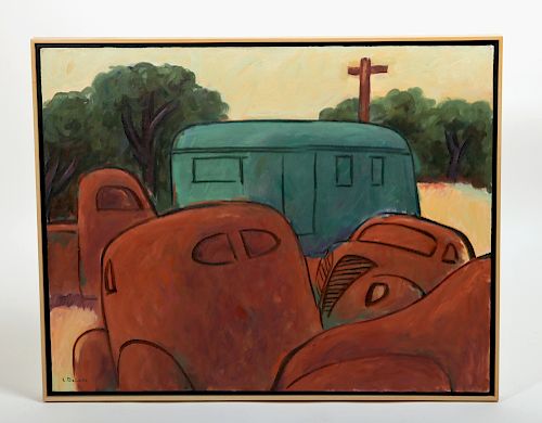 L. Dennis Painting - "Rusting Cars, House Trailer" 1993