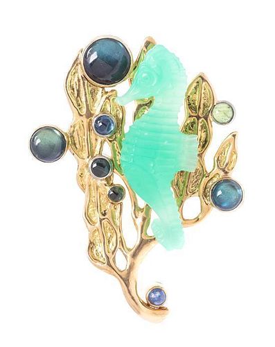 * An 18 Karat Yellow Gold, Chrysoprase, Spectrolite and Sapphire Seahorse Brooch, Dave Lowrie, 13.10 dwts.