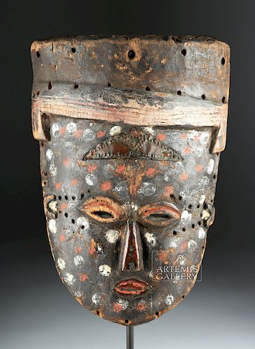 Early 20th C. African Lele Wood & Copper Painted Mask