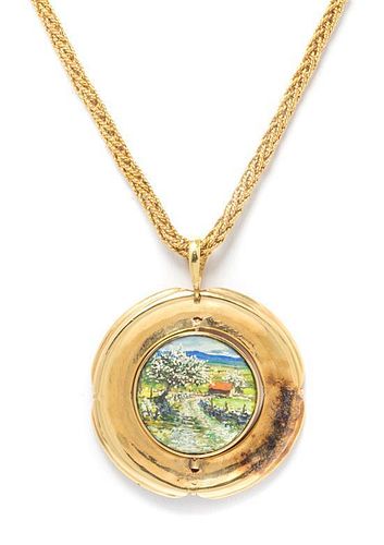 * An 18 Karat Yellow Gold Pendant with Hand Painted Plaque, 48.40 dwts.