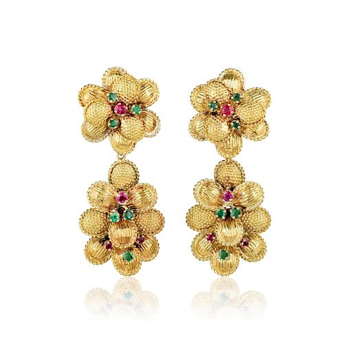 Ruby and Emerald Flower Earrings