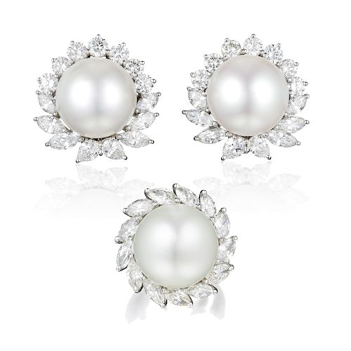 A Cultured Pearl Diamond Platinum Earring and Ring Set