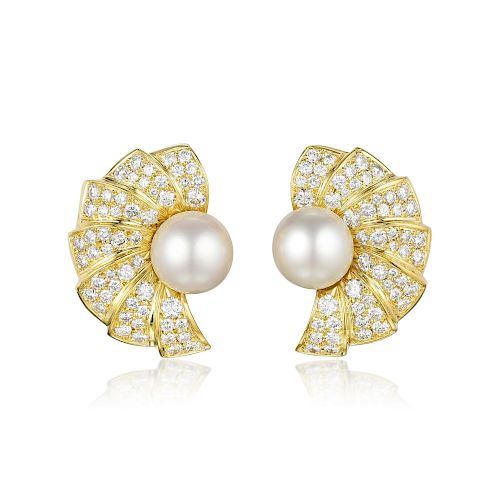 A Pair of Cultured Pearl and Diamond Earclips