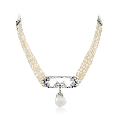 Antique Natural Pearl Diamond and Sapphire Platinum Necklace