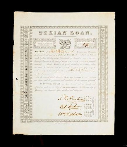 STEPHEN F. AUSTIN, BRANCH T. ARCHER, AND WILLIAM H. WHARTON, FIRST TEXIAN LOAN CERTIFICATE, SIGNED,