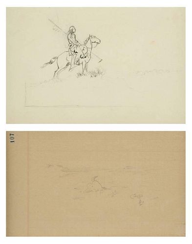 CHARLES MARION RUSSELL (American 1864-1926) TWO DRAWINGS, "The Rider" and "Buried."