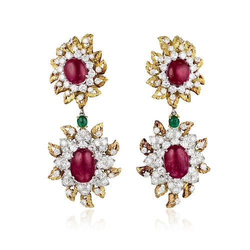 A Pair of Ruby Emerald and Diamond Earclips