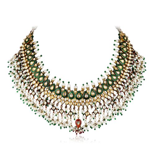 A Pearl and Enamel Indian Necklace