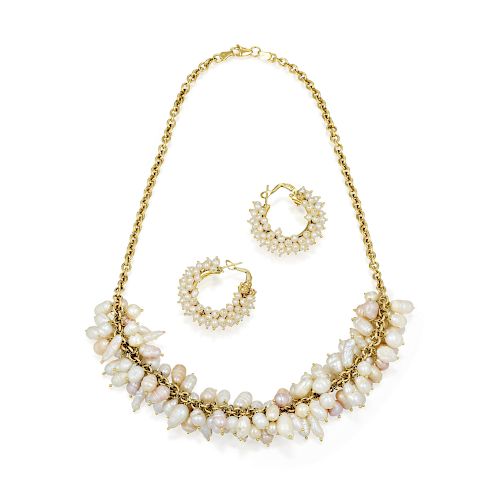 A Cultured Pearl Necklace and Earring Set